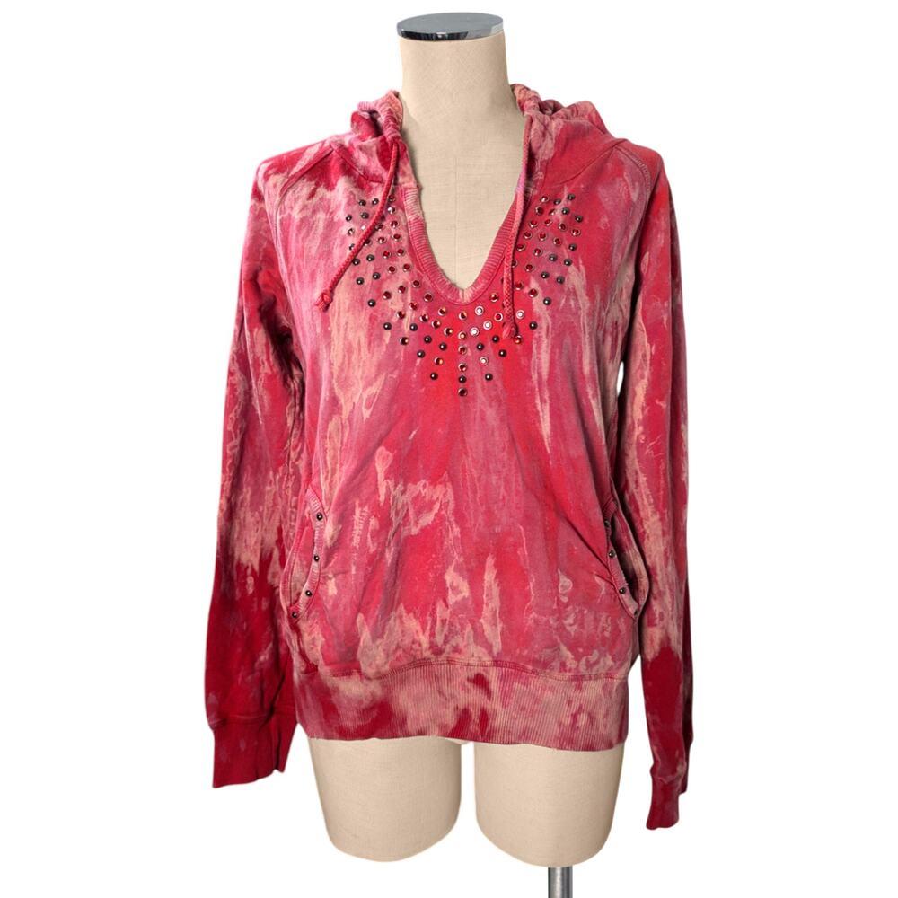 Y2K 90's Vintage PRETTY PUNK LA Marbled Red Hoody Sweatshirt Rhinestones Studs L